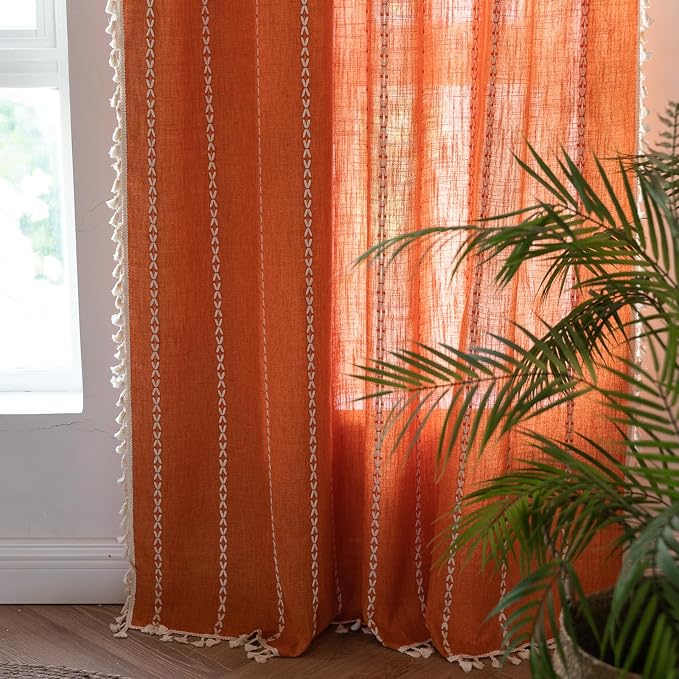 RoomTalks Fall Color Boho Farmhouse Kitchen Curtains 36 Inch Length French Striped Modern Vintage Chic Textured Orange Autumn Short Cafe Curtains for Small Window Kitchen Bathroom