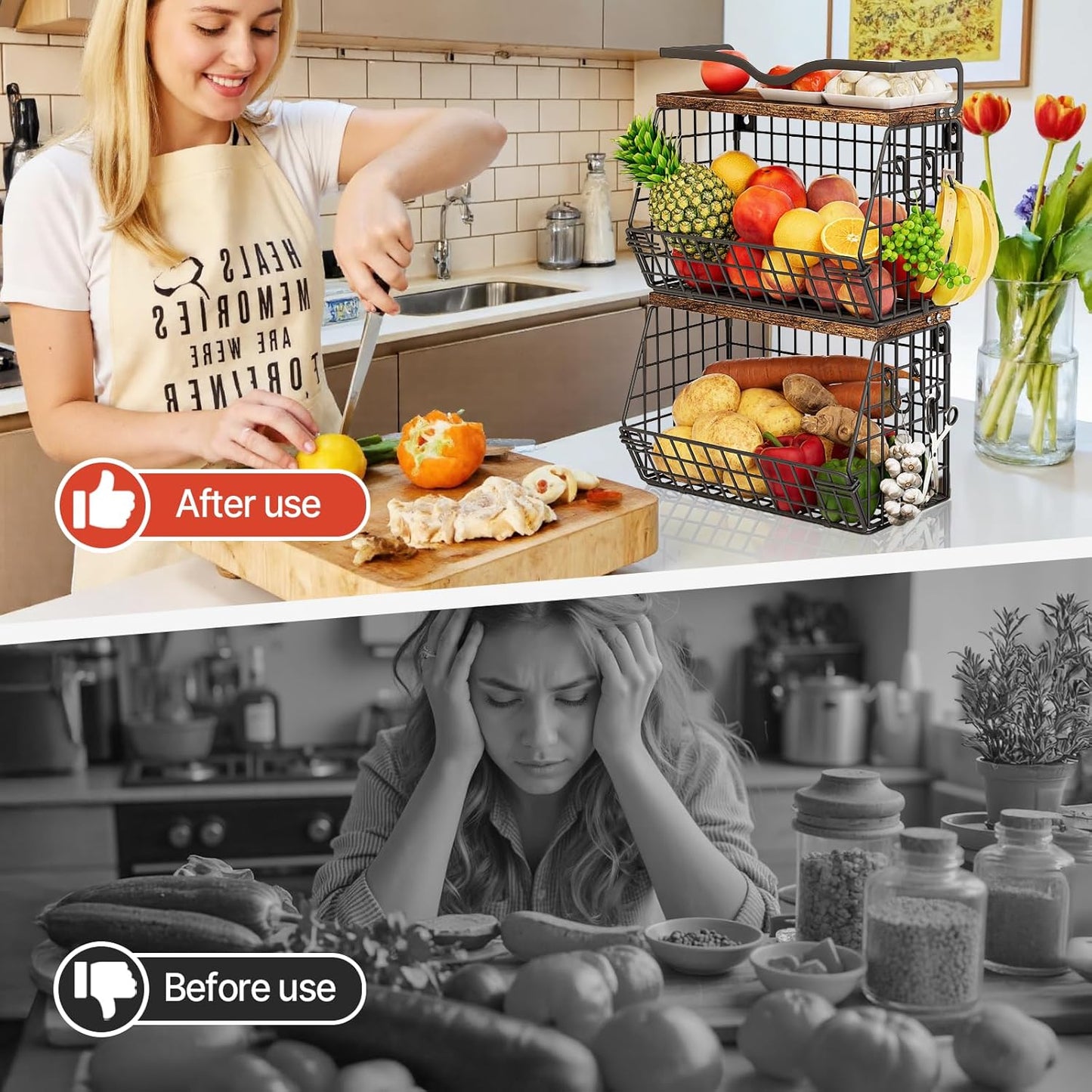 2 Pack Fruit Bowl Hanging Fruit Basket for Kitchen Counter ,Stackable Wire Baskets for Onion Storage and Potato Storage with Wood Lid,Vegetable Fruit Basket with Banana Hooks