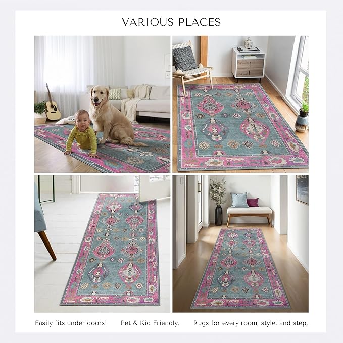 Green Pink Oushak Long Hallway Runner Rug 2'5x12' - Boho Washable Non-Slip Runner Rugs, Vintage Turkish Eclectic Extra Long Runner Rugs for Hallway Kitchen Entryway Foyer Corridor