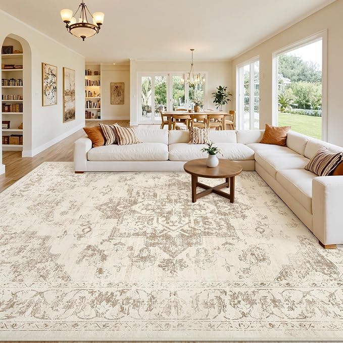 10x12 Area Rug for Living Room: Vintage Boho Neutral Washable Rug Indoor Soft Large Area Rug Carpet for Bedroom Nursery Farmhouse Dining Room Office Floor Non-Slip Low Pile Under Table Rug Beige/Ivory