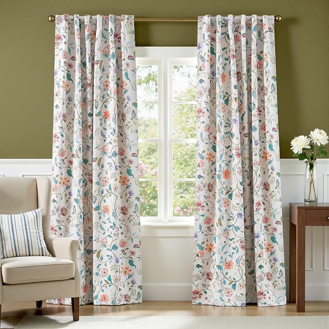 jinchan Hattie Beige Floral Blackout Curtains 84 Inch Length – Room Darkening Vintage Curtains Cream Botanical Drapes for Living Room & Bedroom, Elegant Farmhouse Window Panels, Set of 2 Panels