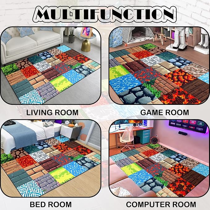Game Room Rug - Video Game Block Theme Carpet Boys Room Decor for Bedroom Large Gaming Floor Mat Rugs for Boys Bedroom Playroom, 5'x7'