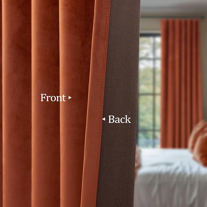 Rust Colored Terracotta Boho Plush Velvet Curtains 108 Inches Long 2 Panels for Living Room Darkening Back Tab Pocket Thermal Insulated Elegant Blackout Curtains Ceiling to Floor Length for Patio Door
