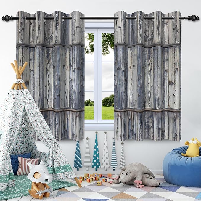 Wooden Barn Doors Kitchen Curtains,Wood Planks Rustic Farm Farmhouse Window Curtains Country Retro Western Vintage Grey Window Curtain Treatments Bedroom Living Room Decor,53x45 inch,2 Panels
