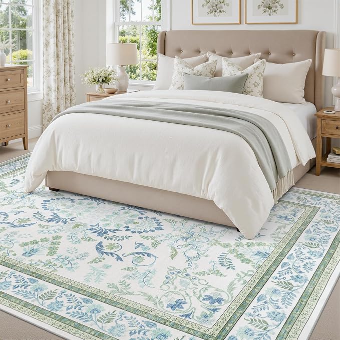DCX Green 10x14 Rug, Kid & Pet Friendly with Rubber Back Non Slip, Machine Washable Stain Resistant Botanical Floral Rug for Living Room, Bedroom, Soft Low Pile Large Nursery Carpet