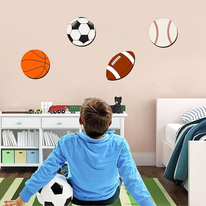 Sport Ball Wall Decor Wood Sports Room Decorations Ball Room Decor Sport Wall Art Plaque Wooden Soccer Baseball Basketball Rugby Football Decor For Boys Room Kids Bedroom Teens Playroom Nursery