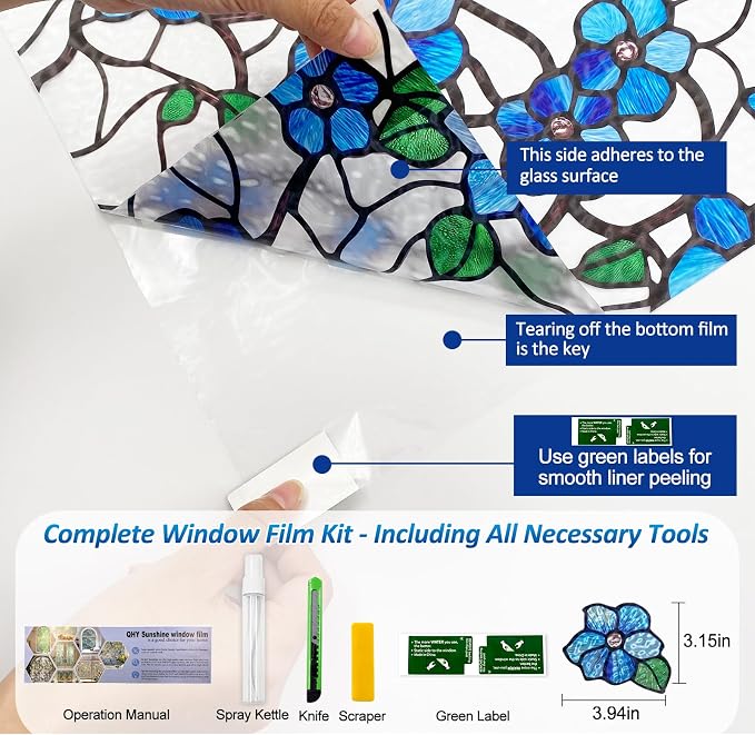 QHY Sunshine Privacy Window Film with Installation Tool Decorative Stained Glass Window Stickers Reusable Window Film (Indigo Waviness, 35.4 x 157.4)