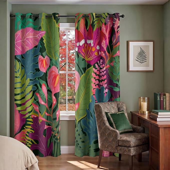 Boho Colorful Floral Blackout Curtain, Abstract Tropical Botanical Leaf Nature Asthetic Curtains, Retro Fun Funky Art Grommet Drapes 2 Panels, Farmhouse Bedroom Living Room Decor 52X84 Inch Green Pink
