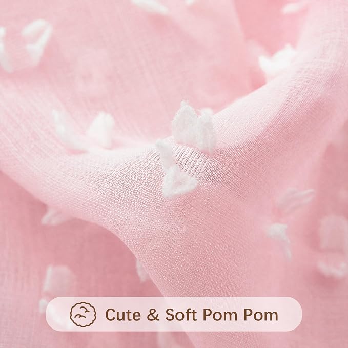 DANCURTON Light Pink Sheer Curtains 63 Inch Length for Girls Room Baby Nursery Semi Sheer Boho Farmhouse Pom Pom Kids Curtains for Bedroom Bed Canopy Blush Pink Voile Back Tab Window Drapes 2 Panels