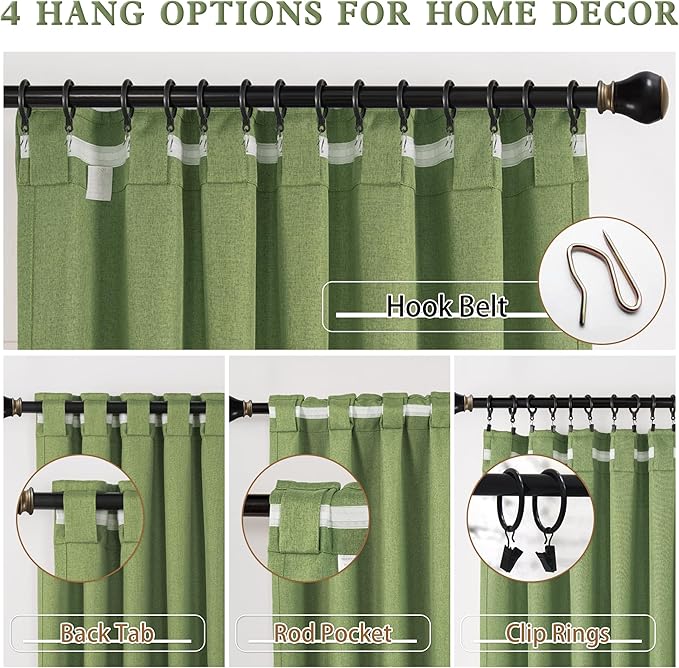 DUALIFE Light Sage Green Curtains 96 Inches Long for Bedroom 2 Panels Back Tab Loop Pocket Linen Draperies Neutral Farmhouse Blackout Privacy Pale Green Curtains for Living Room Office 8 FT 50x96