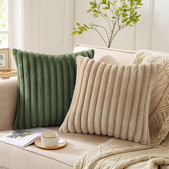 Pallene Faux Fur Plush Throw Pillow Covers 22x22 Set of 2, Luxury Soft Fluffy Striped Decorative Pillow Covers for Sofa, Couch, Living Room, Olive Green