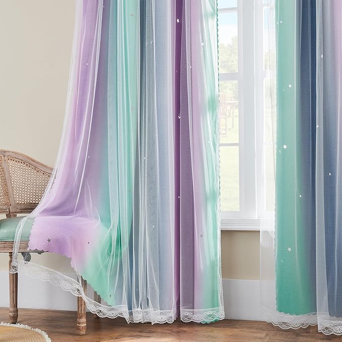XiDi Curtains for Bedroom Decor, Rainbow Purplgreen grey52/90