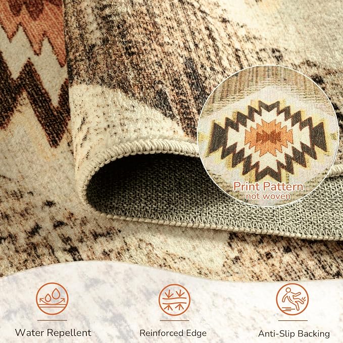 BESTSWEETIE Area Rug 5x8 Rug Machine Washable Non-Slip Low Pile Print Pattern Western Rug for Living Room Bedroom Entryway Tribal Series-Cream/Camel