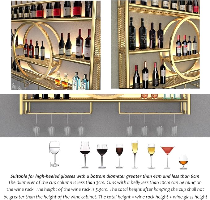 Metal Wine Rack Wall Mounted with LED Light, 3-Tier Bar Liquor Shelf with Wine Glass Holder, Modern Large Capacity Liquor Bottle Display Storage Shelf for Home Bar, Dining Room(Gold, 140 * 80 * 15)
