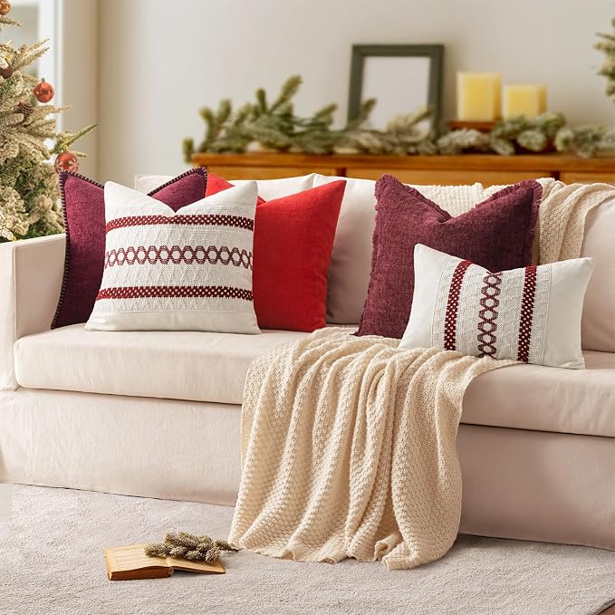 MIULEE Pack of 2 Pillow Covers 18x18 Inch Burgundy Red Farmhouse Decorative Throw Pillow Covers with Stitched Edge Soft Chenille Solid Dyed Couch Pillow Covers for Sofa Bed Living Room