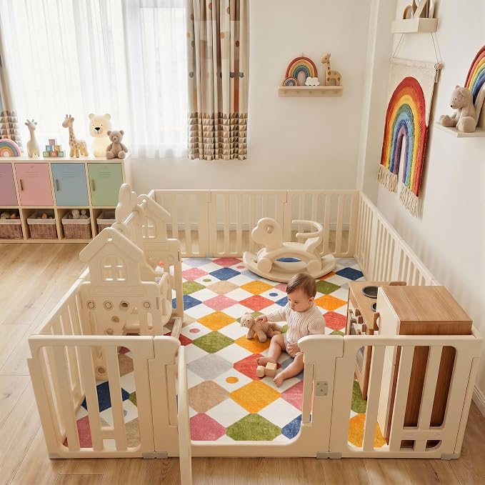 jinchan Macy 5x7 Area Rug for Kids Room Modern Colorful Nursery Rug Checkered Diamond Play Mat Washable Soft Non Slip Carpet for Playroom Classroom Bedroom Dorm Daycare Living Room Circus on Cream