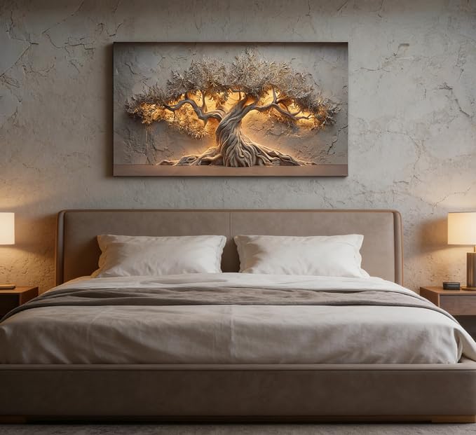 ZAWUDVC Large Tree of Life Wall Art, Neutral Nature Big Tree Botanical Canvas Print Poster, Rustic Stone Wall Decor for Living Room Bedroom Hotel, Earth Tone,