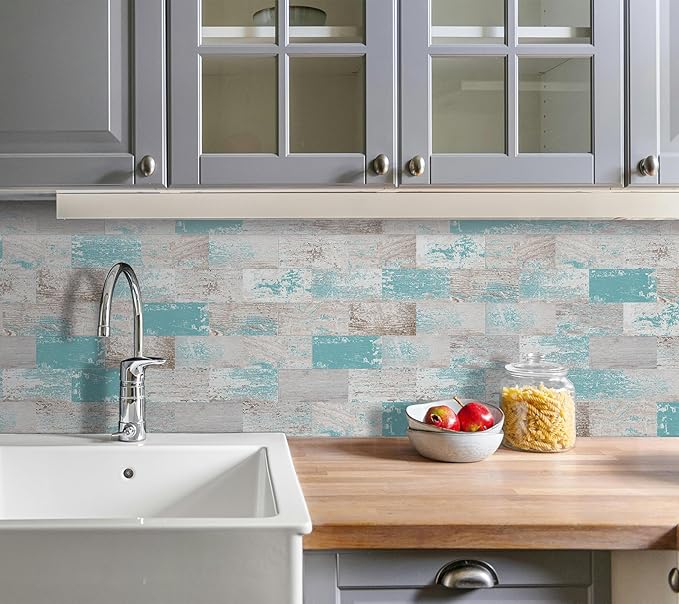 DEWOO Peel and Stick Wall Tile Backsplash PVC Self Adhesive Tiles for Kitchen Bathroom Turquoise Teal (10-Sheet, 13.5" x 11.4")