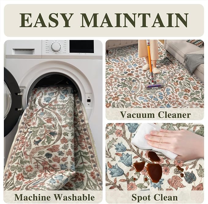 2x3 Washable Area Rug for Entryway Vintage Boho Floral Rug Non-Slip Low Pile Soft Faux Wool Small Carpet Kids and Pets Friendly for Bathroom Bedroom Kitchen Hallway Bedside Home Decor Rug Beige