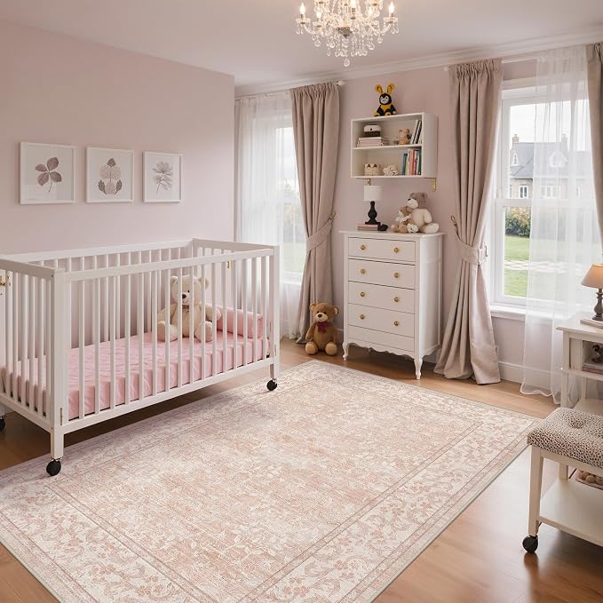 GENIMO 5x7 Washable Area Rugs for Living Room, Non Slip, Pink White | Vintage Boho Floral Low Pile Thin Carpet for Bedroom, Dining Room, Nursery, Indoor Decor