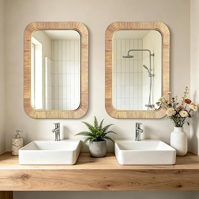 Decorative Rattan Wall Mirror, Boho Bathroom Modern Makeup, Rustic Wall Bohemia Mirrors for Bedroom, Living Room, Vanity Versatile Farmhouse, Nursery, Bathroom (Rectangular 30“x20”, X Small)