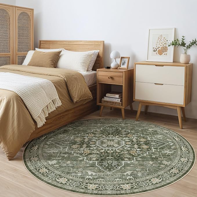 Round Rug Living Room Rugs: 7x7 Washable Boho Neutral Large Circle Soft Indoor Floral Stain Resistant Floor Farmhouse Carpet for Bedroom Nursery Kids Playroom Office Dining Room- Dark Green