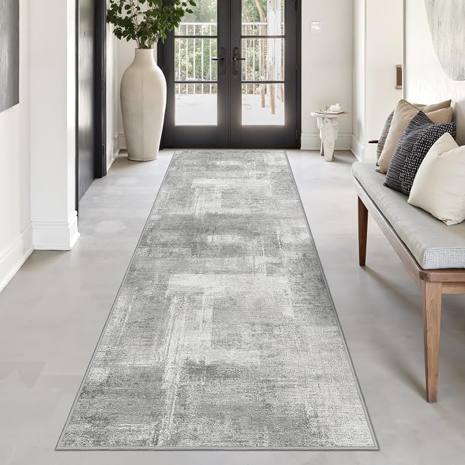 zesthome Washable Runner Rug 2x6, Runners for Hallways, Non Slip Kitchen Runner Rugs, Soft Abstract Entryway Runners, Ultra-Thin Stain Resistant Rug for Bedside, Laundry, Corridor (Grey/Ivory, 2'x6')