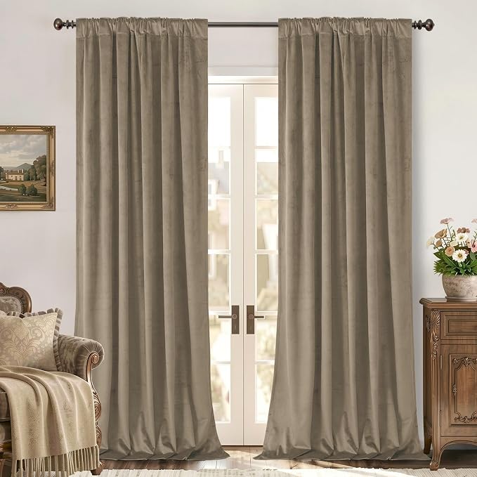 BGment Taupe Velvet Curtains for Living Room - 102 Inch Long Blackout Curtains Super Soft Room Darkening Thermal Insulated Drapes with Back Tab and Rod Pocket for Bedroom, 2 Panels, 52 x 102 Inch