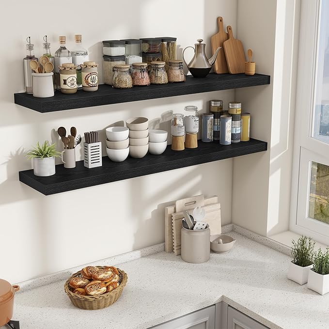 Fun Memories 55 Inch Fireplace Mantel Shelf, 10 Inch Deep Shelves for Display & Wall Storage, Rustic Wood Wall Shelf, Extra Long Floating Shelves for Living Room Laundry Room, Black, Set of 1
