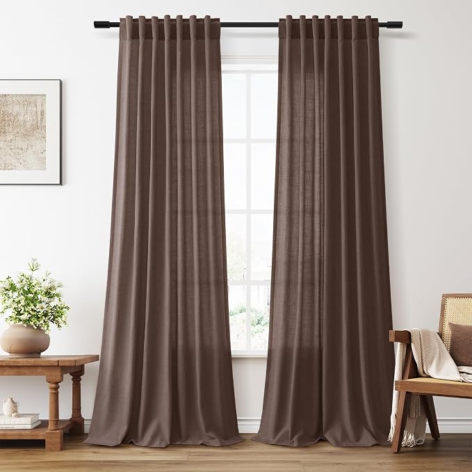 Aersas 102 Inches Cappuccino Linen Curtains for Living Room Bedroom Semi Sheer Privacy Soft Flax Textured Drapes Light Filtering Sliding Glass Door Brown Curtain Farmhouse Retro Decor 52x102