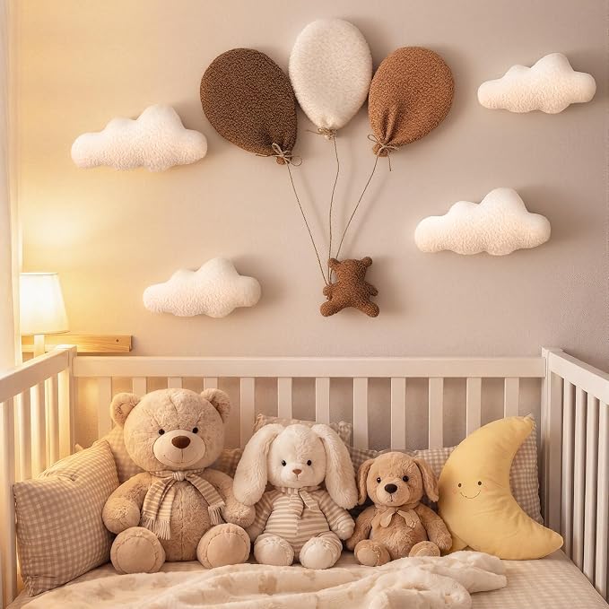 Chumia 5 Pcs Teddy Bear Nursery Wall Decor Balloons Nursery Wall Art with Clouds Star Soft Plush Baby Room Decor Gender Neutral for Bedroom Playroom Decoration