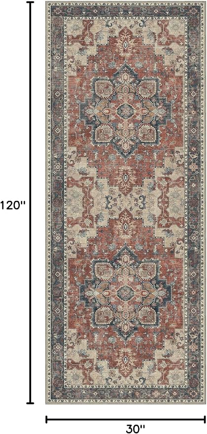 GENIMO 2'6''x10 Runner Rugs for Hallway, Machine Washable Non Slip Vintage Rugs, Low Pile Lightweight Soft Print Rug for enrtyway, Corridor, Home Office, Kitchen, Bordeaux