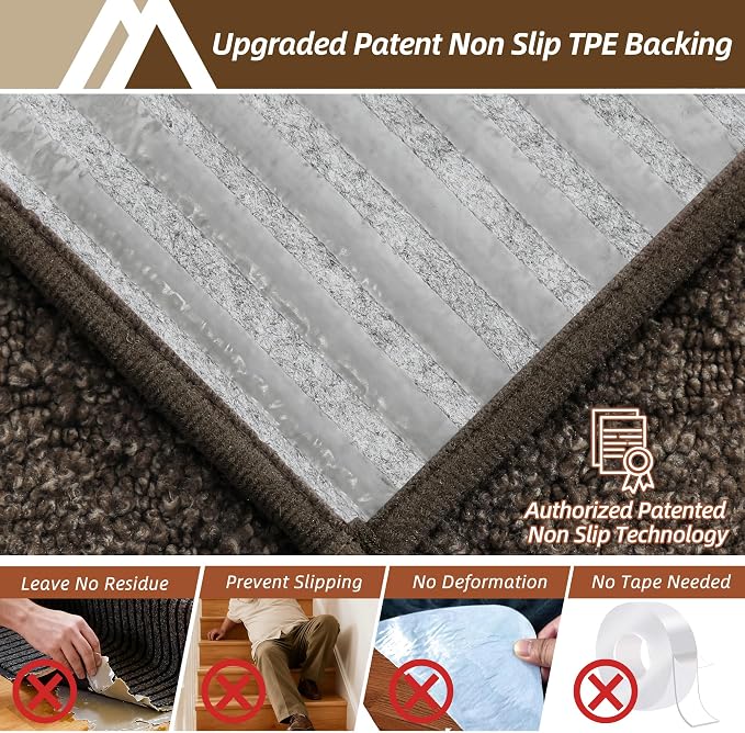 COSY HOMEER Stair Treads for Wooden Steps 11"x30" Washable Indoor Carpet Stair Treads Non Slip Soft Polyester Stair Carpet Tread Reusable Stair Runner Rugs for Kids, Elders,Pets,Brown,4pcs