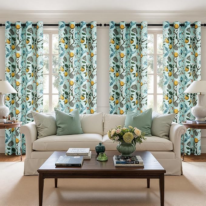 Topfinel Green Floral Curtains 84 Inches Long Vintage French Country Grommet Botanical Hummingbird Woodland Jungle Victorian Patterned Mint Green Lemon Drapes for Bedroom Dining Living Room