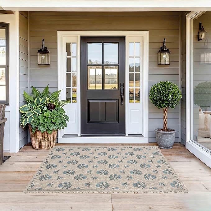 ORTIGIA Scalloped Easy Jute 3x5 Area Rug Vintage Blue Floral Farmhouse Washable Rug Non-Slip Indoor Outdoor Carpet for Living Room Bedroom Kitchen Patio Entryway