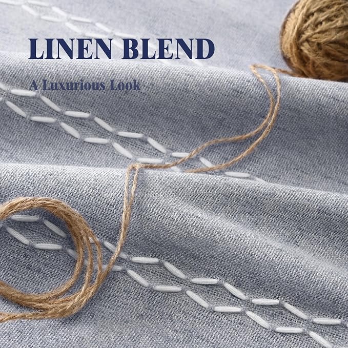 Blue Boho Blackout Curtains 2 Panels 96 Inch for Living Room Bedroom, Linen Texture Farmhouse Curtains with Tassels and White Cotton Embroidery Vintage Rustic Country Western