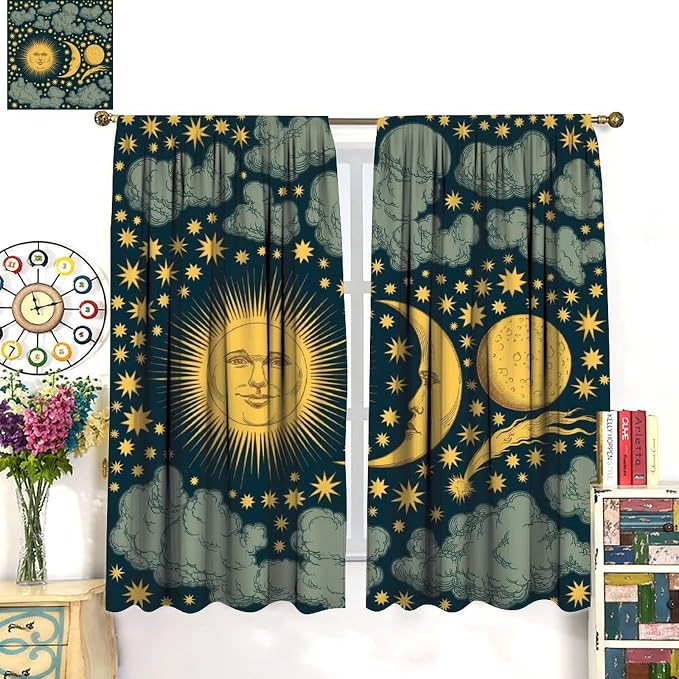 Sun Moon Blackout Window Curtains, Bohemian Sun Moon Star Pattern Print Window Drapes, for Living Room Bedroom 63x72in 2 Panels