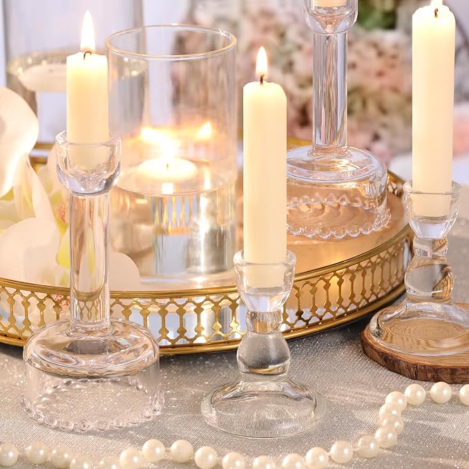 Lanttu 6 Pcs Clear Glass Candlestick Holders Taper Candle Holder Bulk | Crystal Candle Holders for Wedding, Table Centerpiece, Home Decoration