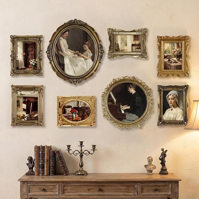 8 Pcs Vintage Picture Frames Set for Gallery Wall, Gold Bronze Ornate Antique Resin Photo Frame Collage Including Round, Oval, Rectangle Shapes in 10x12, 10x10, 5x7 & 4x6 for Wall and Tabletop Display