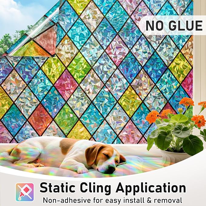 Sunbaby Window Privacy Film Stained Glass Decorative Rainbow Window Cling Decals 3D Static Clings Colorful for Home Decoration, Anti-UV & Heat Control Non-Adhesive (23.6"x78.7")