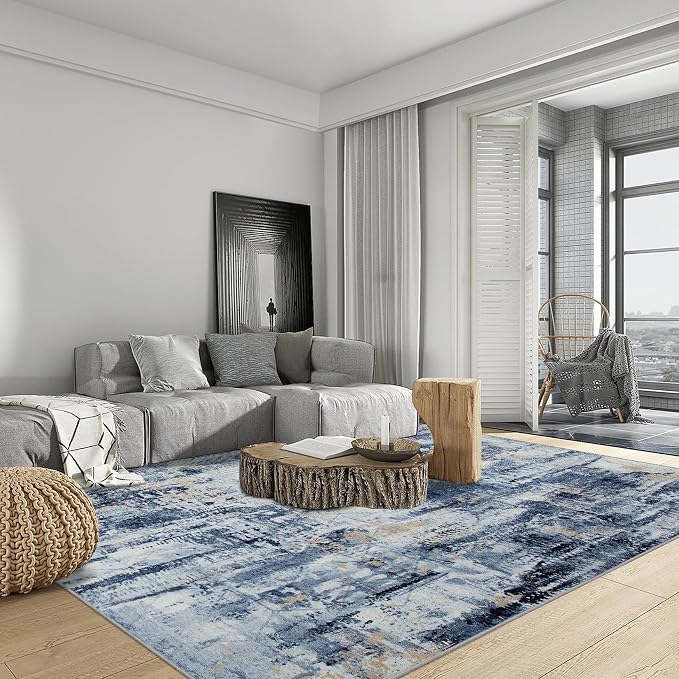 10x14 Area Rugs Washable Rug: Modern Abstract Living Room Rug Soft Anti-Skid Thin Carpet Indoor Floor Non-Shedding Carpets for Bedroom Dining Room Farmhouse Nursery Home Office Blue Gold