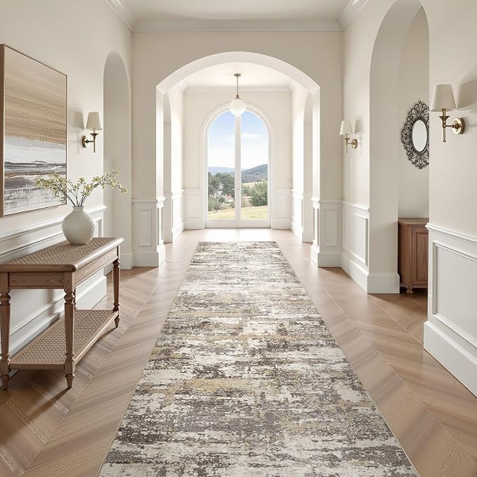 Hallway Washable Runner Rug: 3x14 Abstract Modern Soft Stain Resistant Non-Slip Backing Runner for for Entryway Kitchen Laundry - Gold Brown