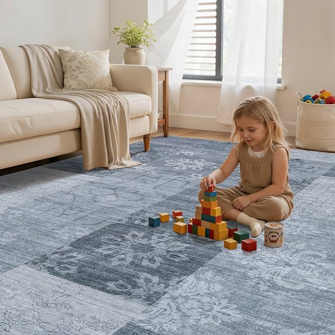 UERMEI 6x9 Area Rug for Living Room - Washable Vintage Carpet, Non-Slip Soft Large Indoor Floor Rugs for Bedroom Home Office & Under Dining Table Decor, Blue Block