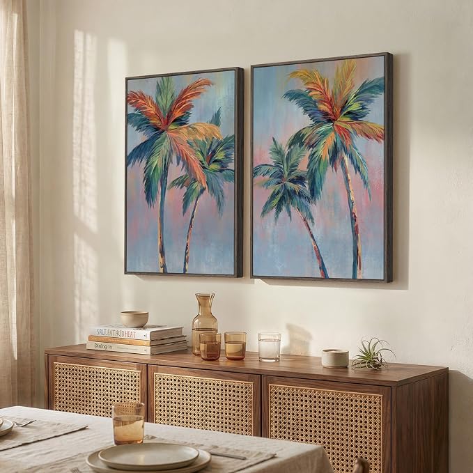 Framed Coastal Colorful Palm Tree Wall Art Bedroom, Set of 2 Tropical Beach Canvas Artwork for Walls, Pop Art Paintings Prints for Dining Room Living Room Hallway Wall Decor Above Bed, 16x24 Inch