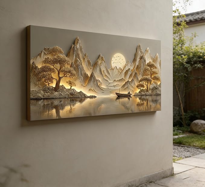 3D Texture Large Landscape Sunrises Sunset Canvas Wall Art Abstract Mountains Lake Tree Painting Picture Wall Decor Modern Nature Scenery Poster Print Artwork for Living Room Office Home Decoration