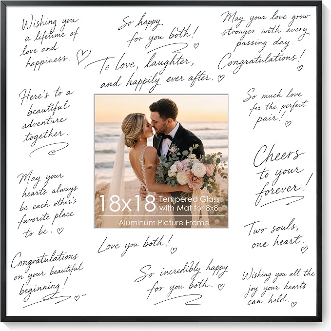 Signature Picture Frame 18x18, Aluminum Signable Frame with Glass, Black | Sleek Black Signable Frame with 8x8 for Wedding, Graduation, Birthday & Baby Shower Guest Book| Real Glass & Wall Kit