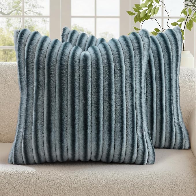 decorUhome Fall Cozy Faux Fur Throw Pillow Covers 24x24 Set of 2 Decorative Soft Plush Striped Modern Farmhouse Boho Couch Euro Sham Pillow Cases with Velvet Back for Sofa Bed Living Room, Blue Grey