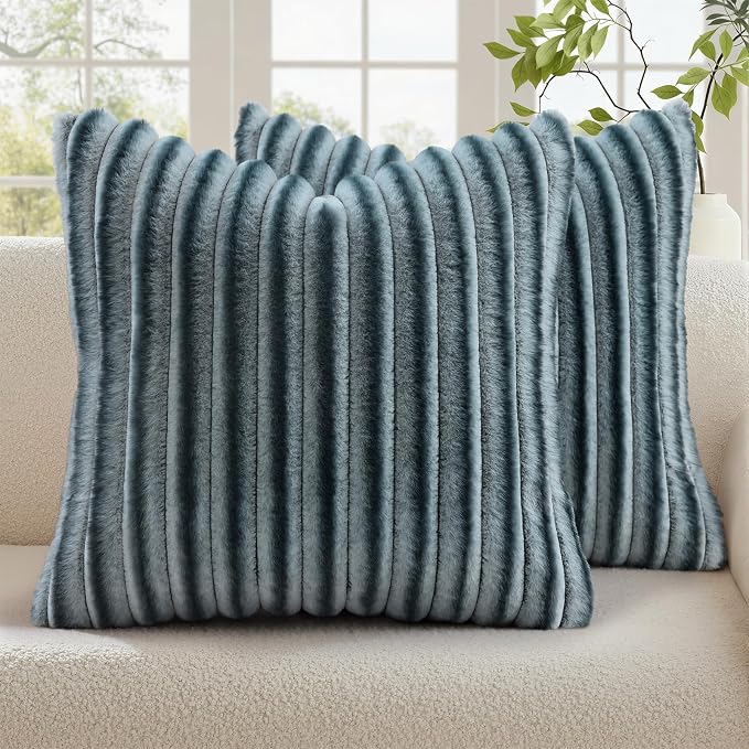 decorUhome Fall Cozy Faux Fur Throw Pillow Covers 16x16 Set of 2 Decorative Soft Plush Striped Modern Farmhouse Boho Couch Pillow Cases with Velvet Back for Sofa Bed Living Room, Blue Grey