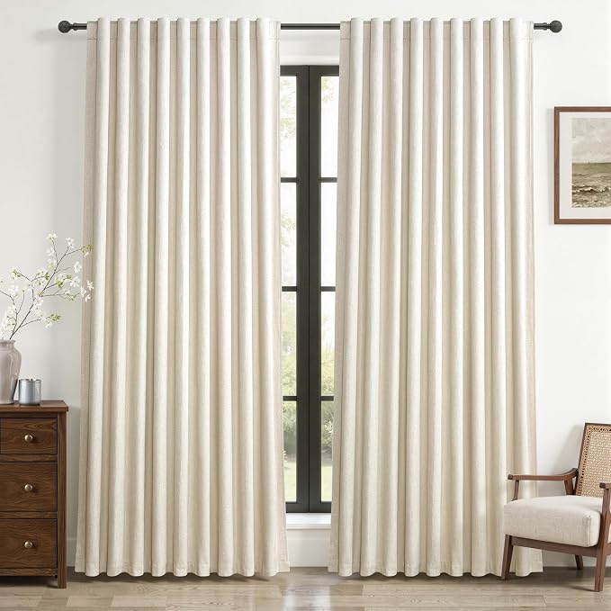 Cute Blackout Curtains 60 Inches Extra Wide Linen 92 Inch Length for Living Room/Sliding Glass Door,Pleated Heavy Duty Thermal Drapes for Winter Thick Large Window(60"Wx92"L 2 Panels Warm Cream)