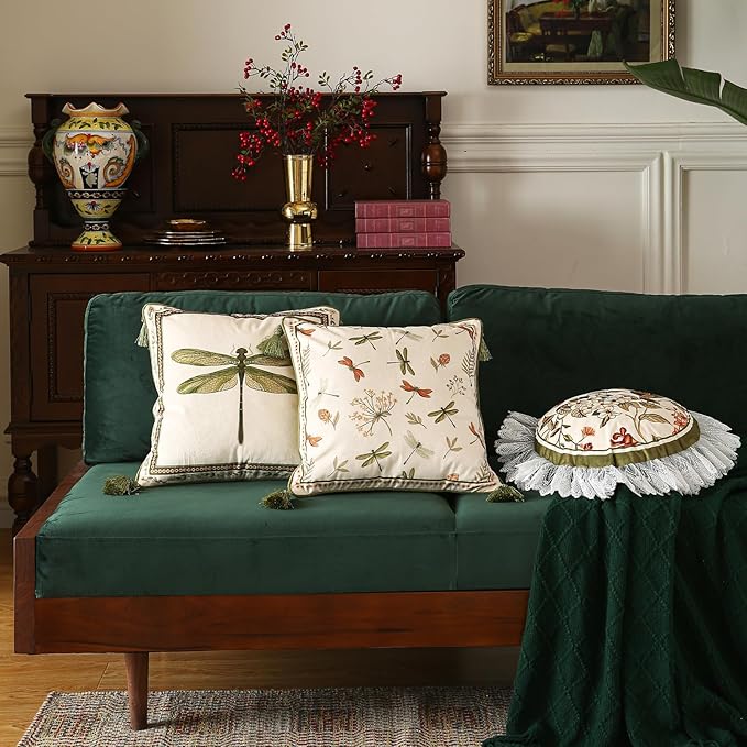 ISAENNE Designer French Velvet Throw Pillow Covers,Set of 4-Grace ABCD | Pillow Cover,Concealed Zipper Design,Dragonfly Pattern,Sofas,Bedroom,Living Room,Lounge Chairs,All Season Home Decor